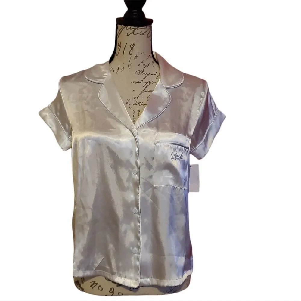 In Bloom Women's Size Small White Pajama Top with Bride Embroidery on Pocket